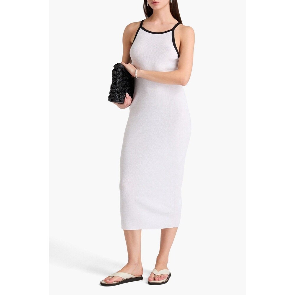 James Perse Ribbed Linen-blend Jersey White Black Midi Tank Dress Size 2